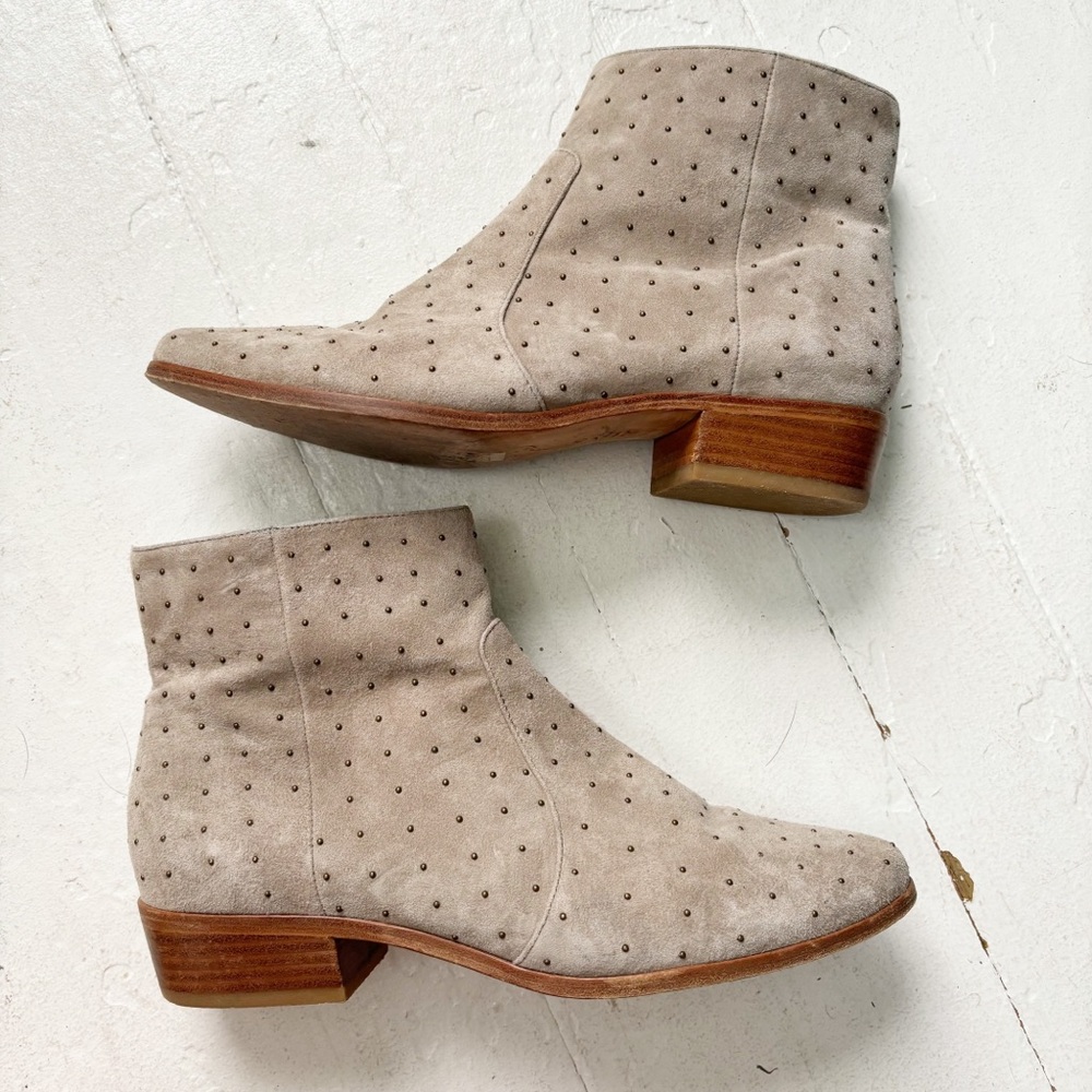 Joie Suede Lacole Studded Ankle Boot Taupe Side Zip Size 40